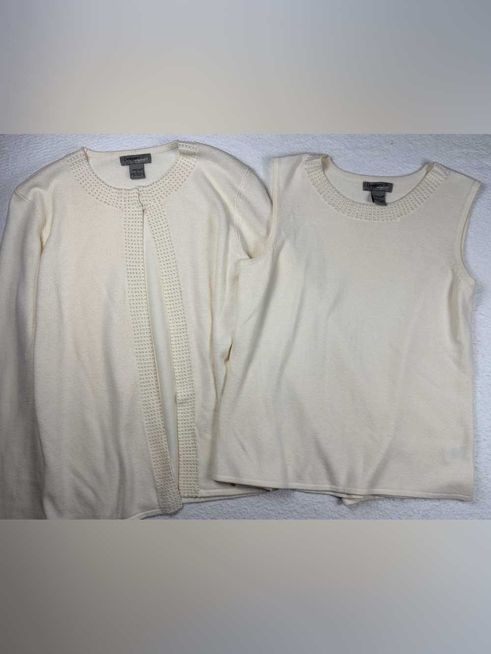 Luxelon Designers Originals Cream Knit Tank & Cardigan Set with Studded Trim